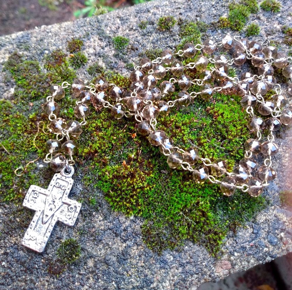 Pewter cross layering necklace with taupe rosary